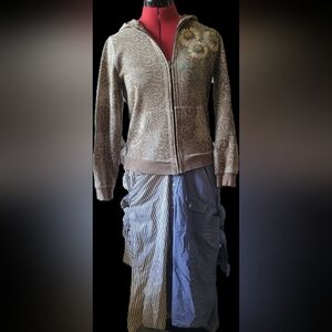 LA Upcycled Izod Brown Floral Hoodie w/Blue & Yellow Striped Asymmetrical Dress